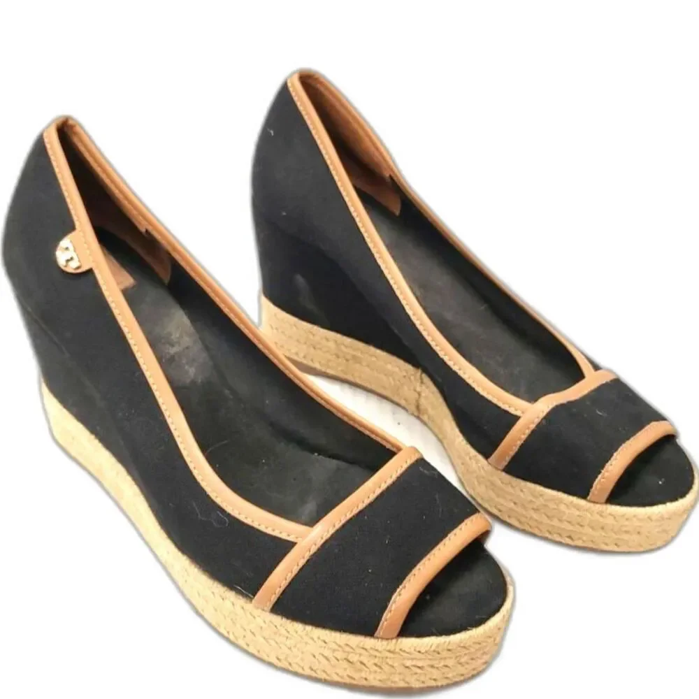 Tory Burch Majorca Peep-Toe Black Canvas Wedge - Sze 39/US 8